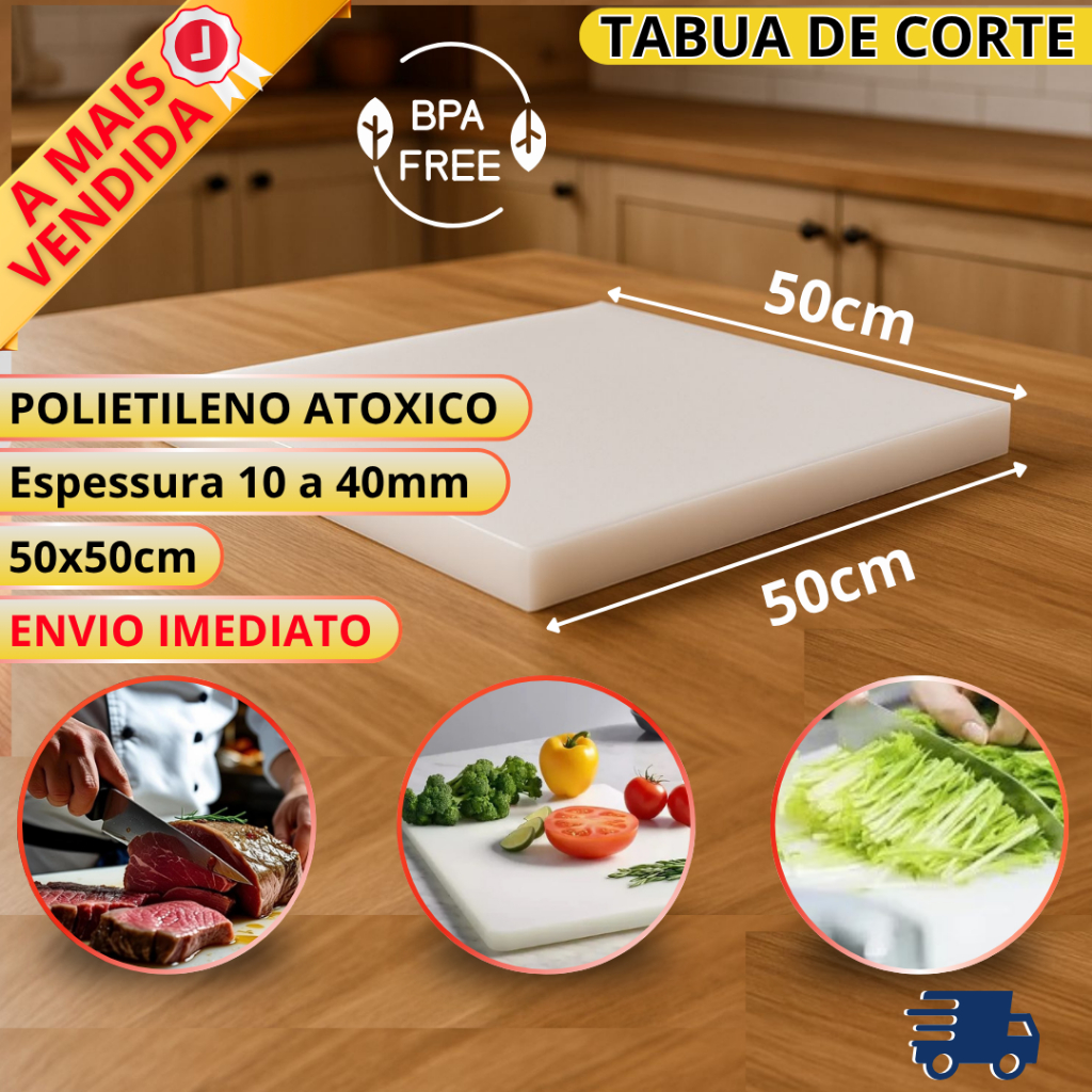 Tabua de Corte Profissional 50x50cm | 20mm Chapa de Polietileno PEAD Carnes Legumes Verduras s/ BPA