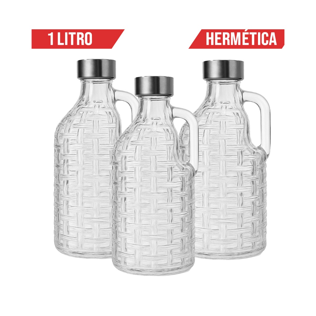 Kit c/3, 2 ou 1 Garrafa de Vidro Transparente Tampa Hermética Inox 1L Alça Geladeira Suco Água Leite