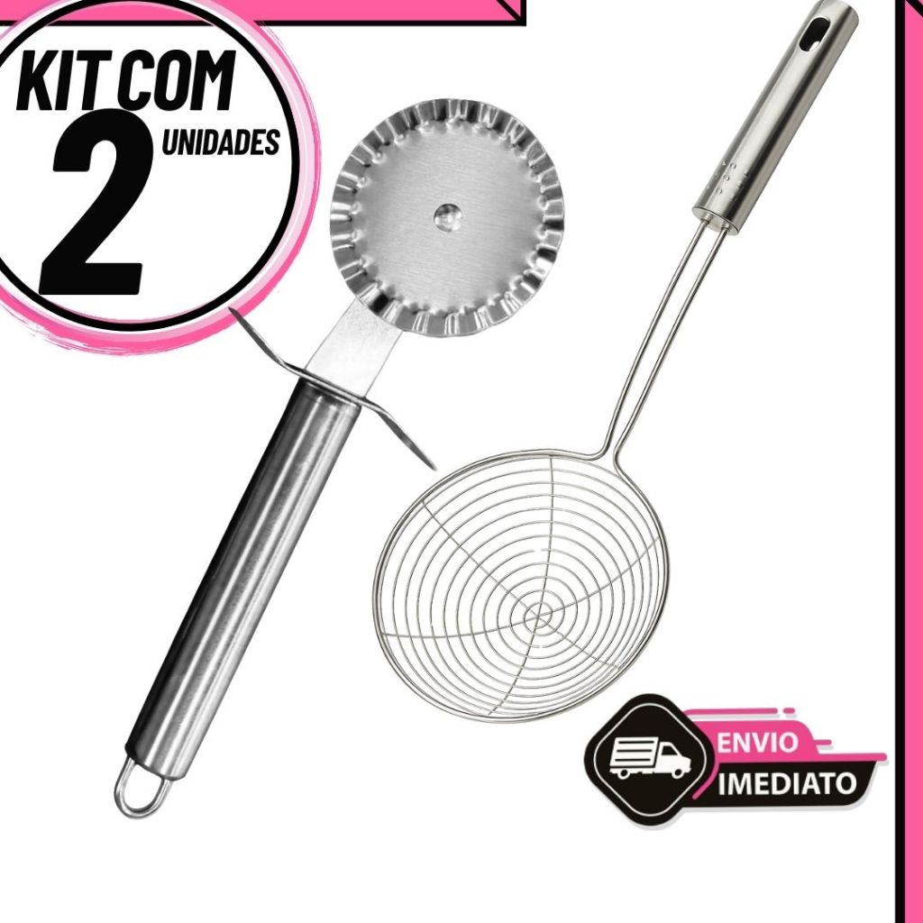 Kit 2 Escumadeiras De Fritura + Carretilha de Fechar Pastel | Utensílios Cozinha em Aço Inoxidável