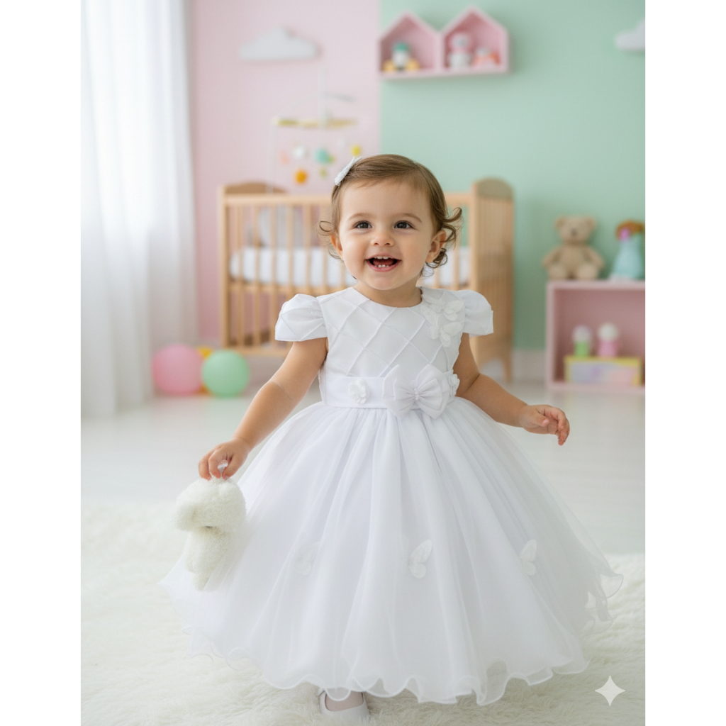 Vestido Branco Infantil Festa Jardim Encantando Com Borboleta e Lanço