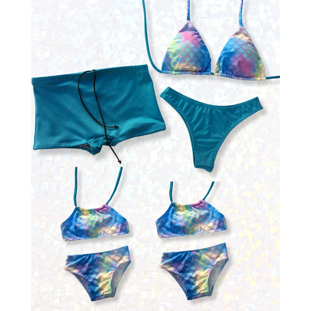 Kit familia sereia 4 peças - 3 biquinis 1 sunga - Moda Praia