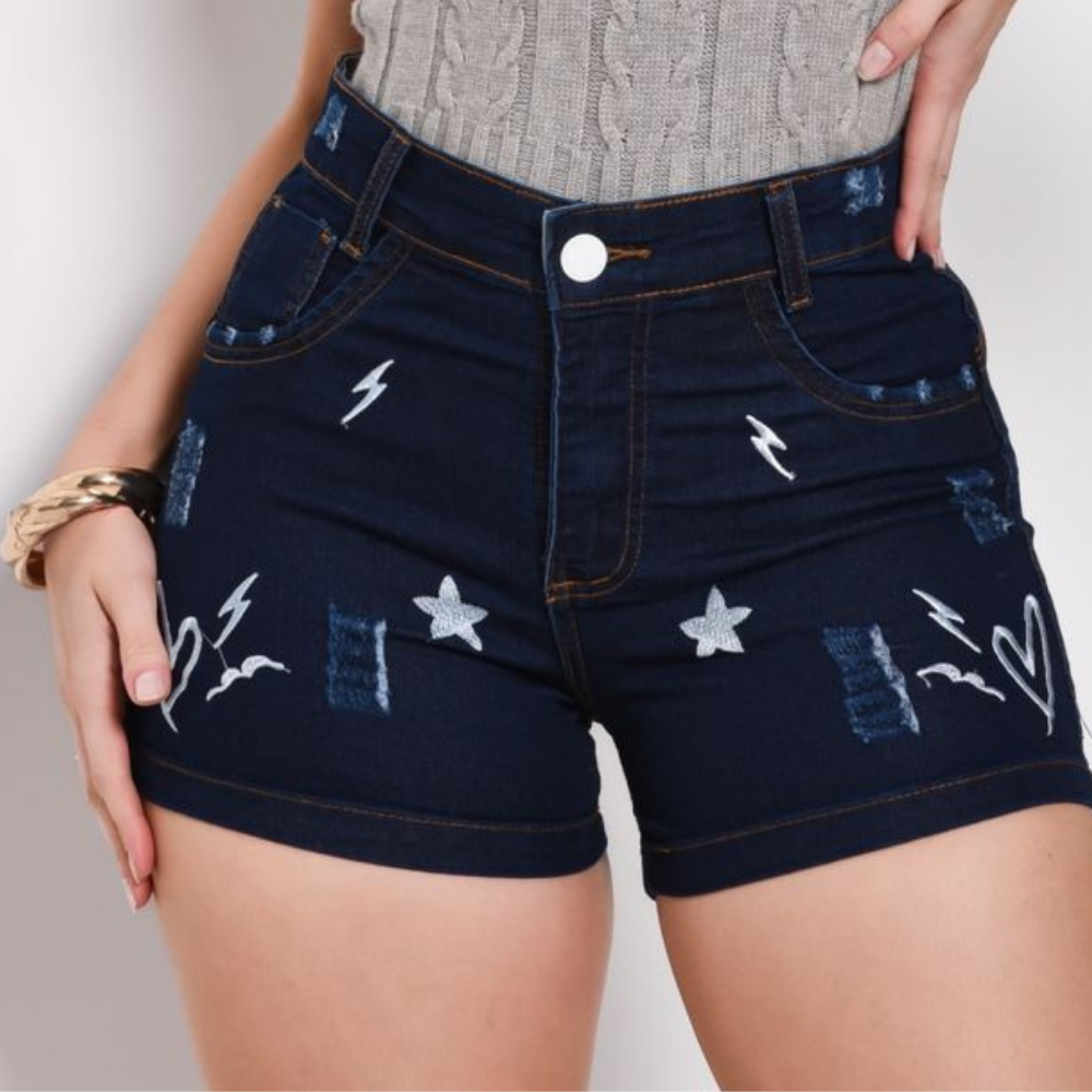 Short Jeans com Lycra bordado cintura alta feminino empina bumbum cos alto elastico Moda Verão em Oferta na Shopee