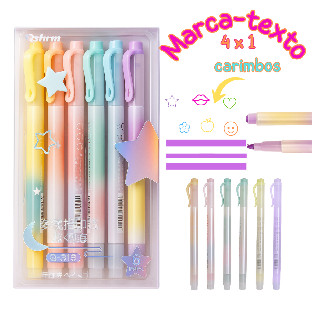 Kit Canetas Marca-texto Kawaii com Carimbo 6 Cores em Oferta na Shopee