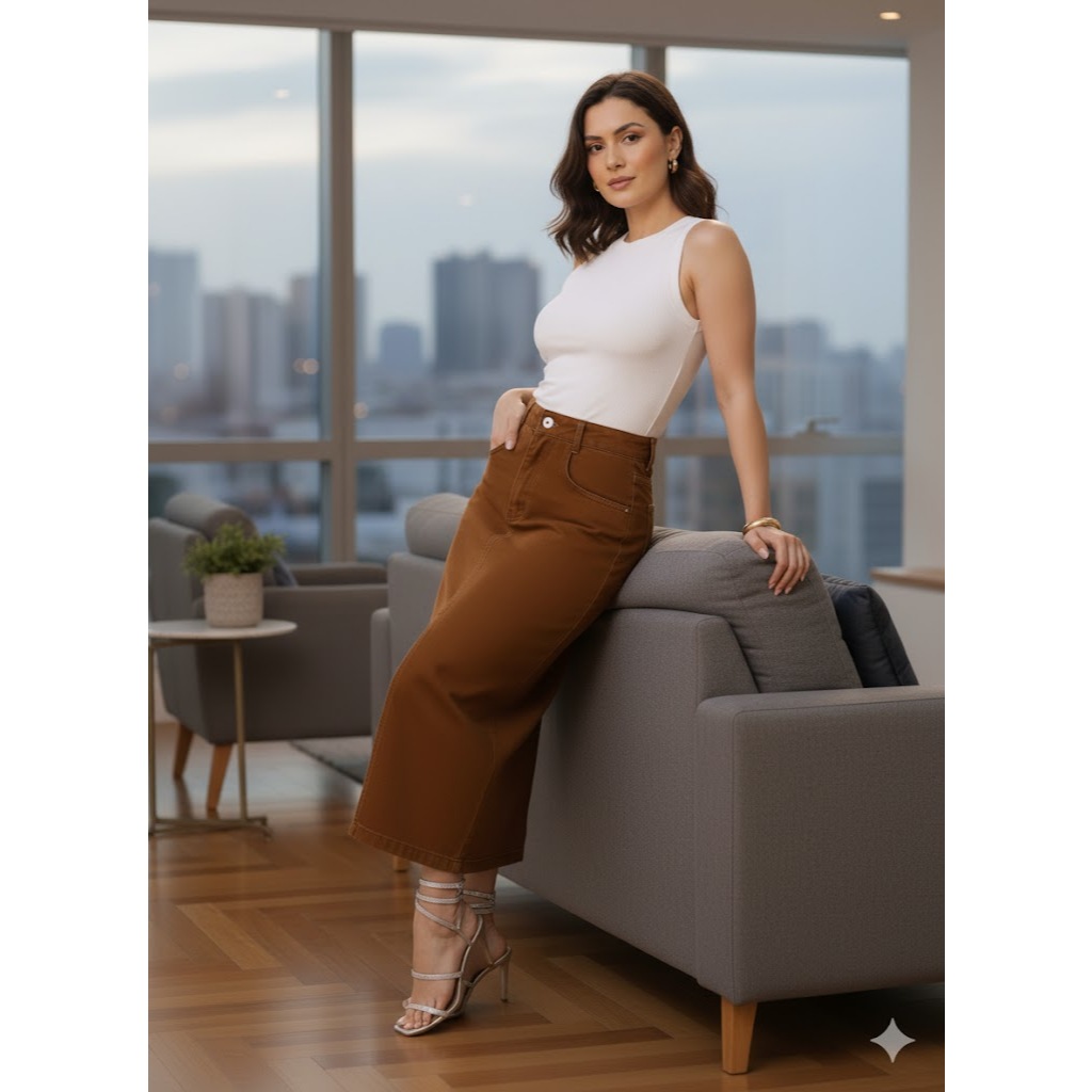 Saia jeans cintura alta Fenda no meio, casual, elegante, simples e elegante em Oferta na Shopee