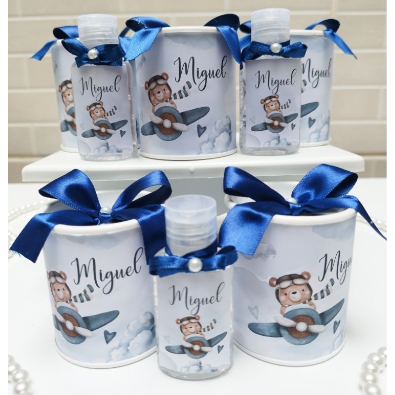 Kit Lembrancinha Personalizada com Álcool Gel e Tubolatas Ursinho Baloeiro Lembrancinha Maternidade