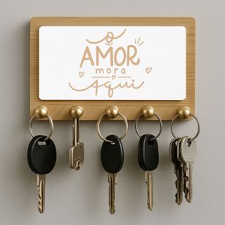 Porta Chave de Parede MDF com 5 ganchos Clássica Moderna Personalizado com Frase Amor mora aqui em Oferta na Shopee