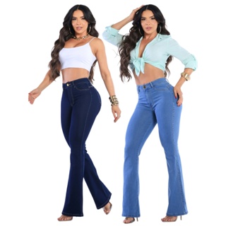 Kit 2 Calças Jeans Feminina Flare Cós Alto Levanta Bumbum Com Lycra Premium Boca De Sino em Oferta na Shopee