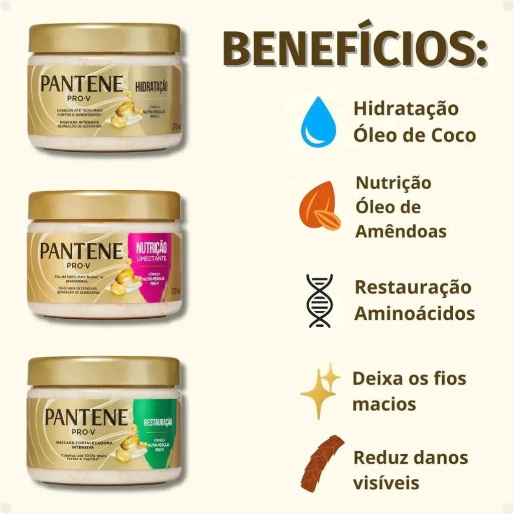 Kit Cronograma Capilar Pantene – Máscaras 270ml HIDRATAÇÃO + NUTRIÇÃO + RESTAURAÇÃO - 3 Itens