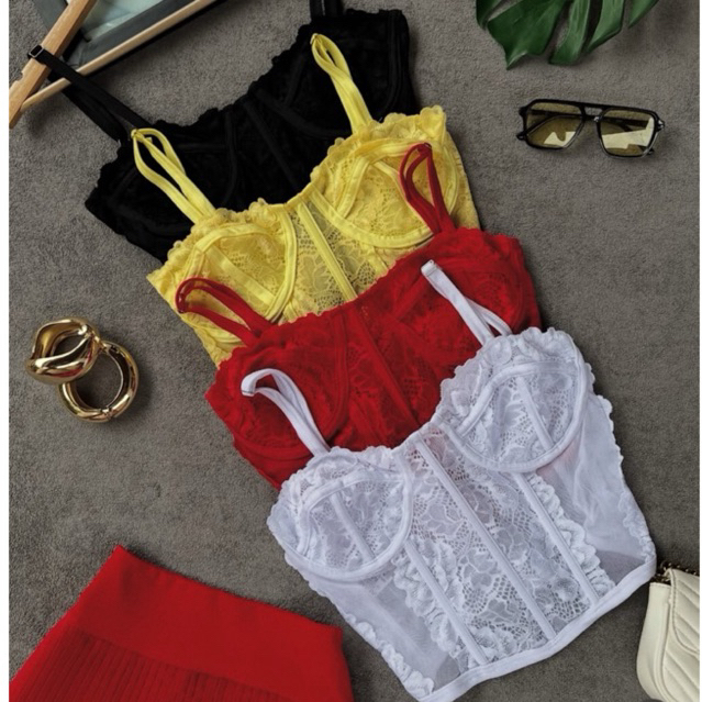 Cropped Corselet Feminino Alça Fina com Renda Top Corset em Oferta na Shopee