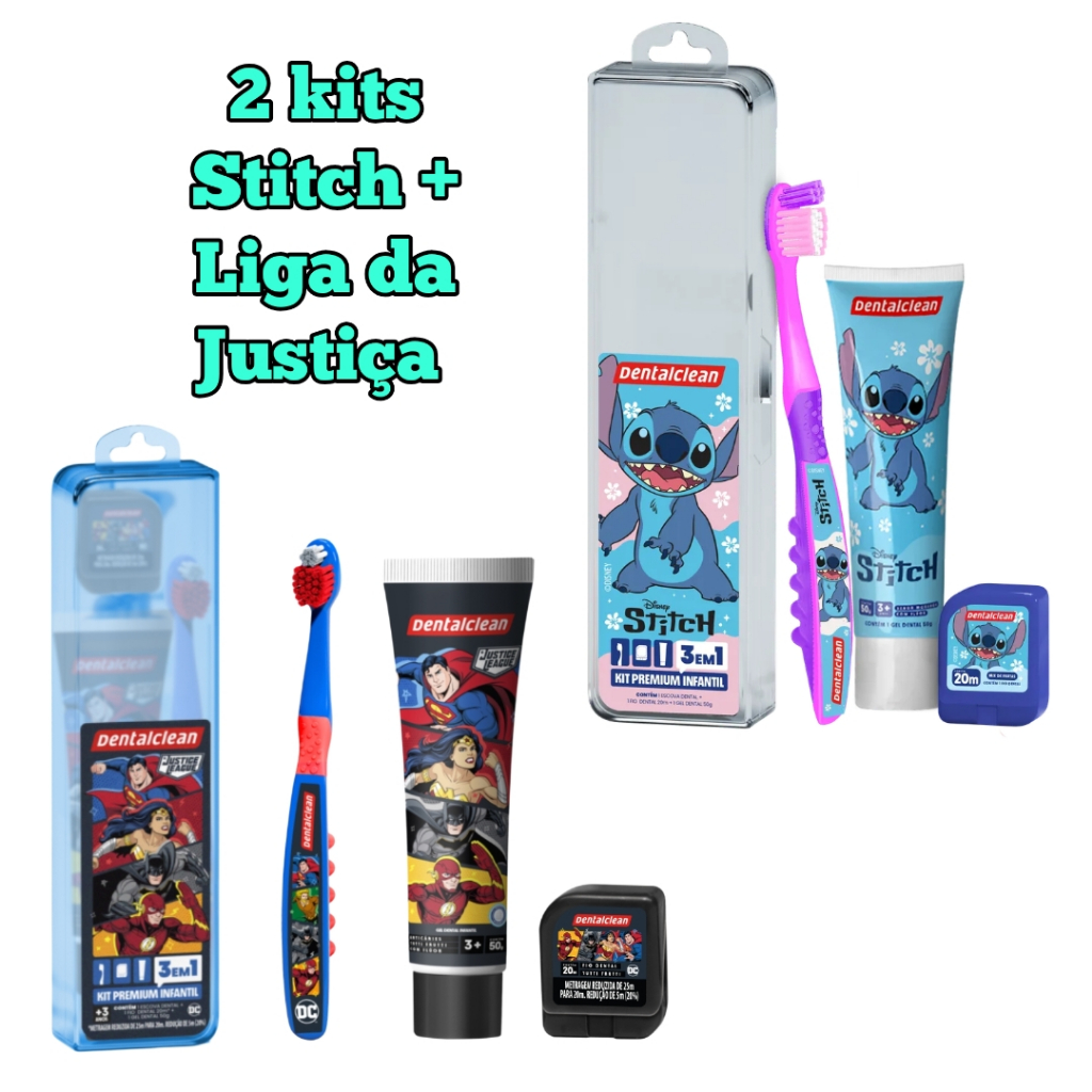 2 Kits infantil Stitch + Liga da Justiça Escova de dente + Gel dental + Fio dental
