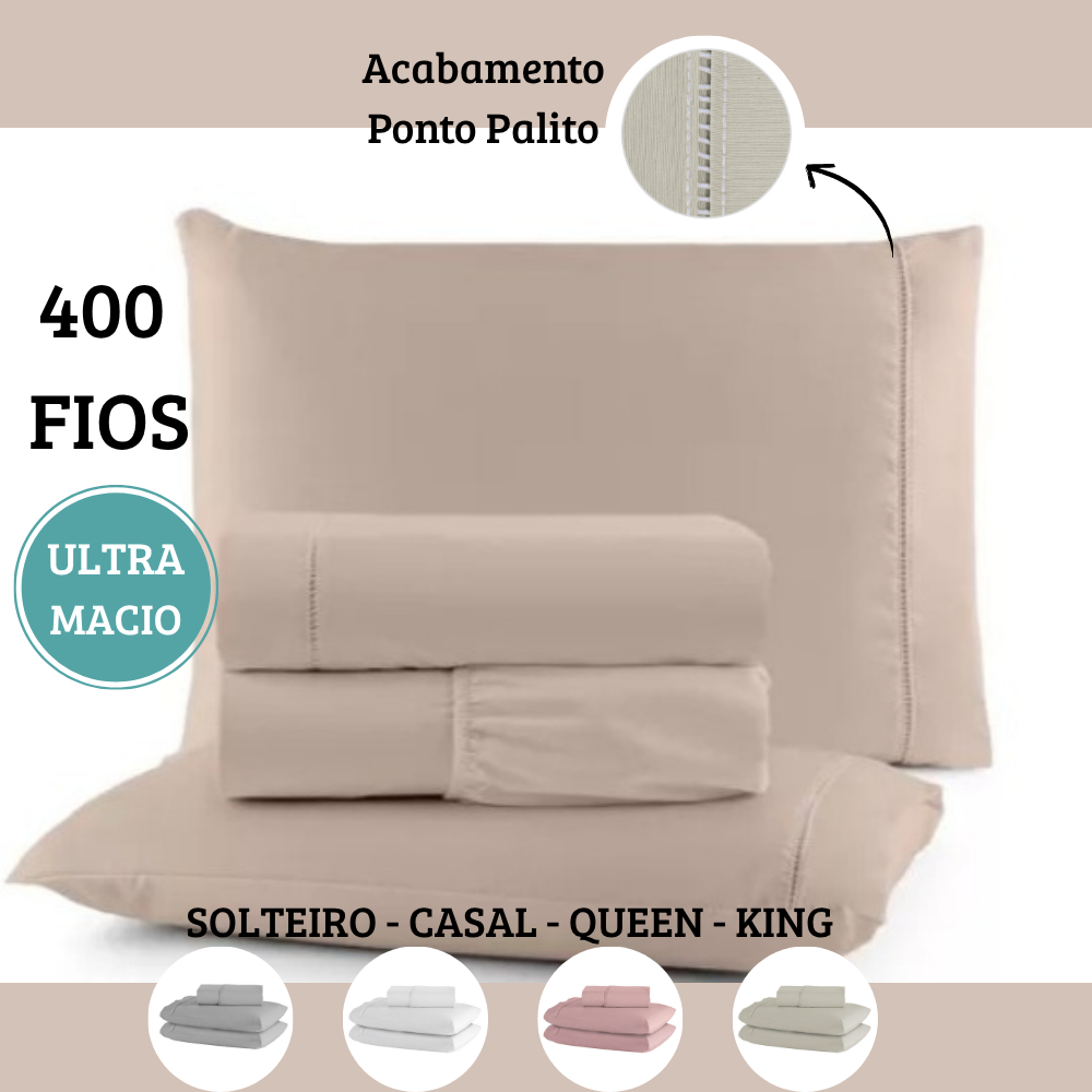 Jogo de Lençol Com Elástico 03 Peças 400 Fios Cama Solteiro Casal Queen King Micropercal Ponto Palito Viral