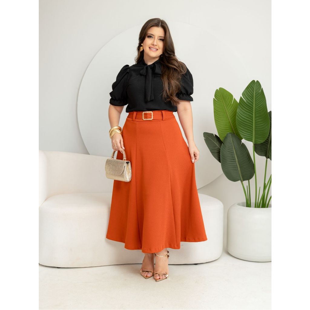Saia midi max liso com cinto moda evangélica e femenino em Oferta na Shopee