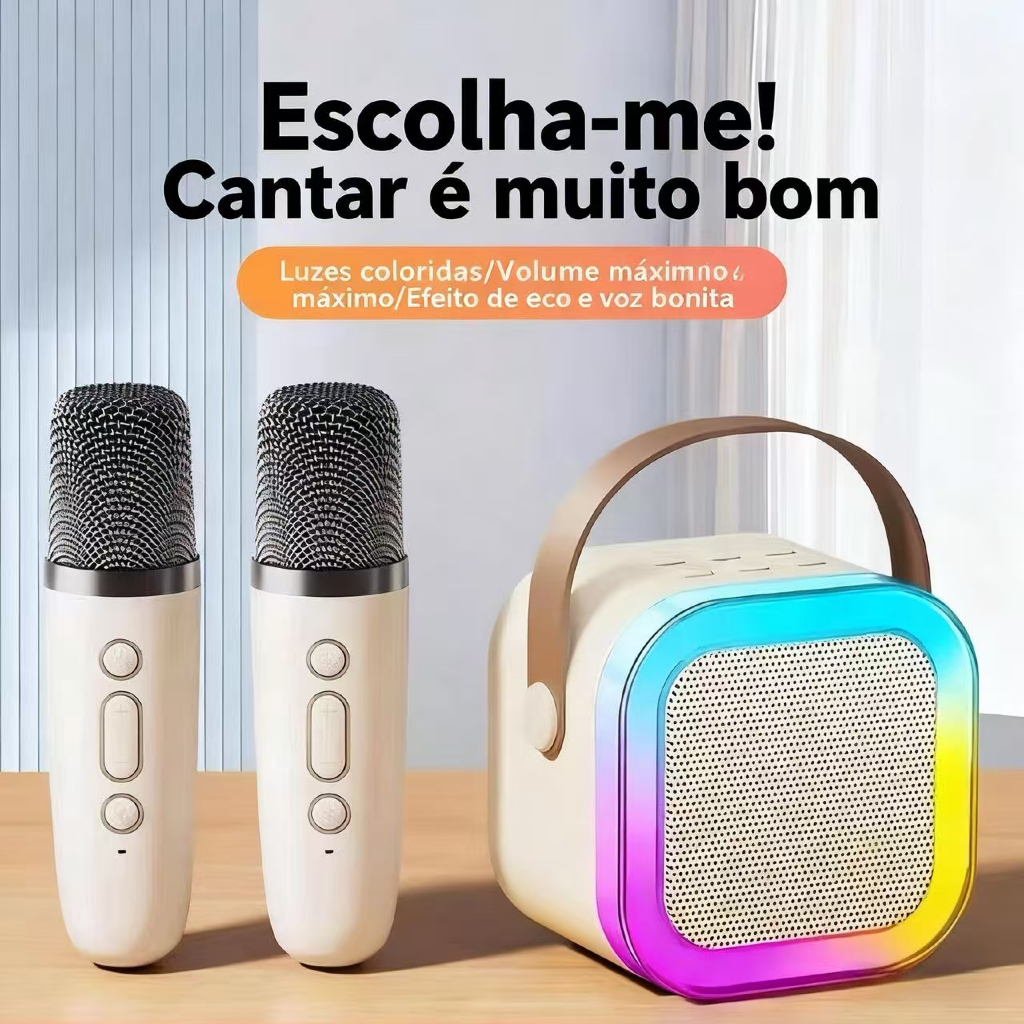 Caixa de Som Bluetooth K12 com Microfone Duplo – Alto-Falante Portátil para Karaokê Sem Fio