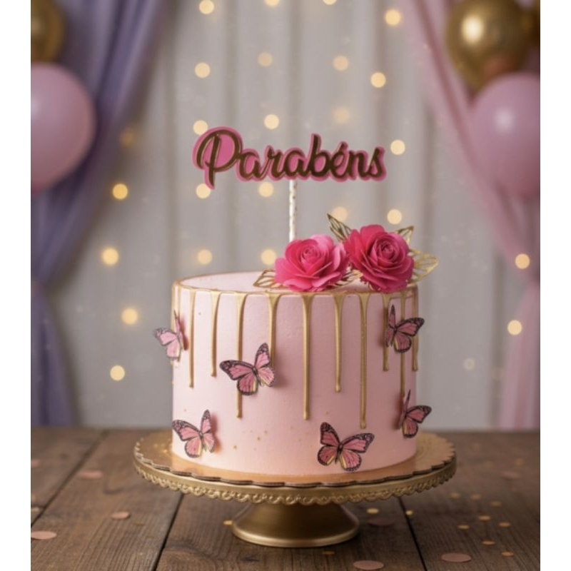 Topper de bolo camadas parabéns flores decorativa e borboletas em Oferta na Shopee
