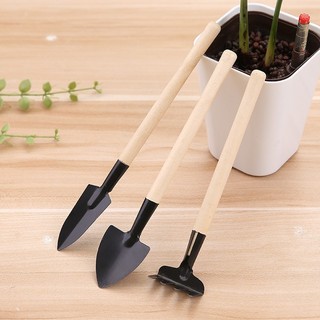 Kit 3 Peças Jardinagem Cabo De Madeira Pá Ancinho para Vasos Terrarios