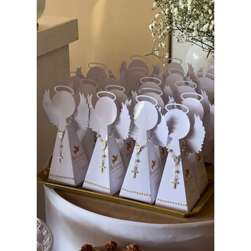 Lembrancinhas Anjinhos Batizado Personalizados com Mini Terço / Caixinhas Anjo – com nome da criança