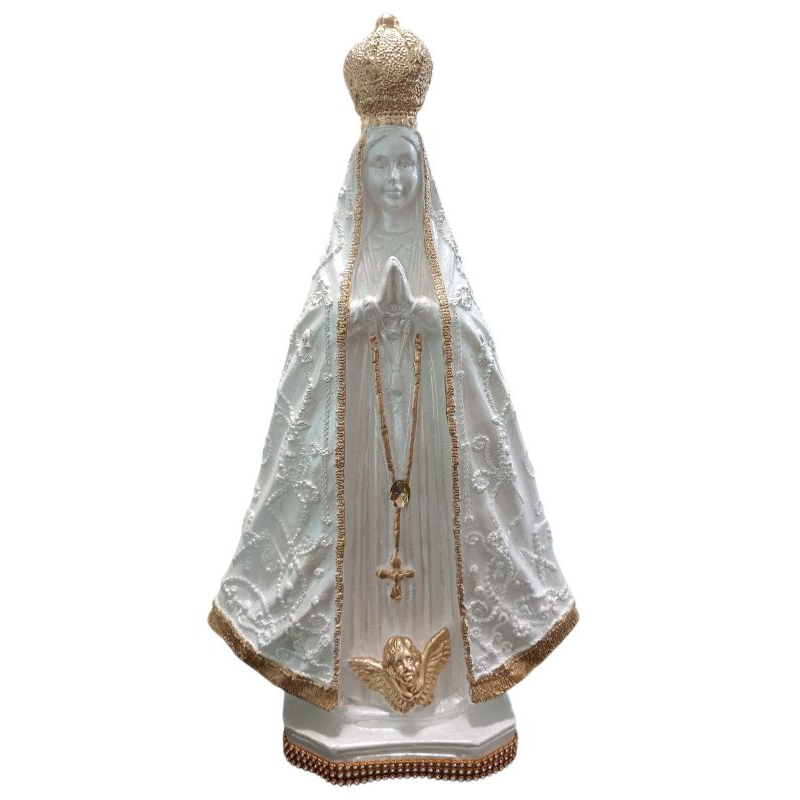 Imagem de Nossa Senhora Aparecida 33cm Branca Perolado Bordada Dourado strass Gesso Pedraria
