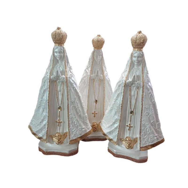 kit 3 Imagem de Nossa Senhora Aparecida 33cm Branca Perolado Dourado Strass Gesso Bordada