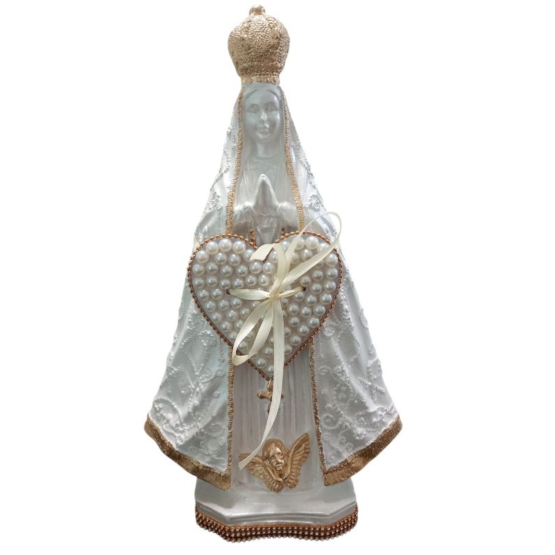 kit Imagem de Nossa Senhora Aparecida Branca 33cm Porta Alianças Casamento Coração Pérola Mdf 9cm