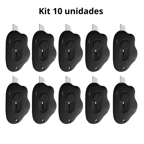 Kit 10 Mini Estilete Nuvem com Lâmina Retrátil Trava Cortador de Papel Portátil e Furo para Chaveiro