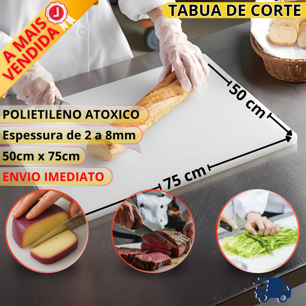 Tabua de Corte Profissional 50x75cm | 3mm Chapa de Polietileno PEAD Carnes Legumes Verduras s/ BPA