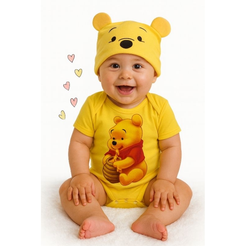 body tematico bebê ursinho Pooh+touca mesversario em Oferta na Shopee