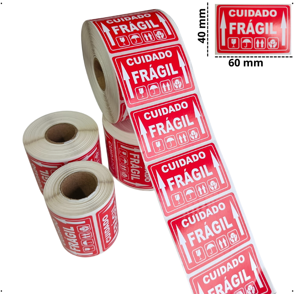 Mil Etiqueta Adesiva Cuidado Frágil 60x40mm com Seta Para Cima para Embalagens e Transporte + Seguro