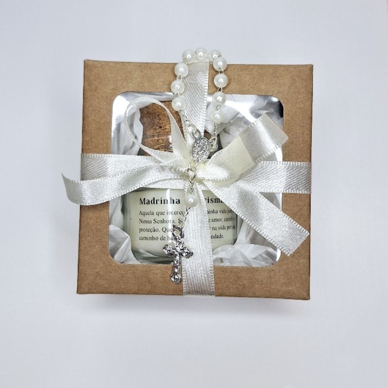 Imagem Madrinha ou Padrinho de Crisma. Mini Vela Aromática. Caixa Presente e mini terço