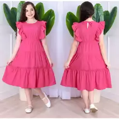 Vestido Infantil Juvenil Com babado e elastico na Cintura em tecido Crepinho Forro na saia