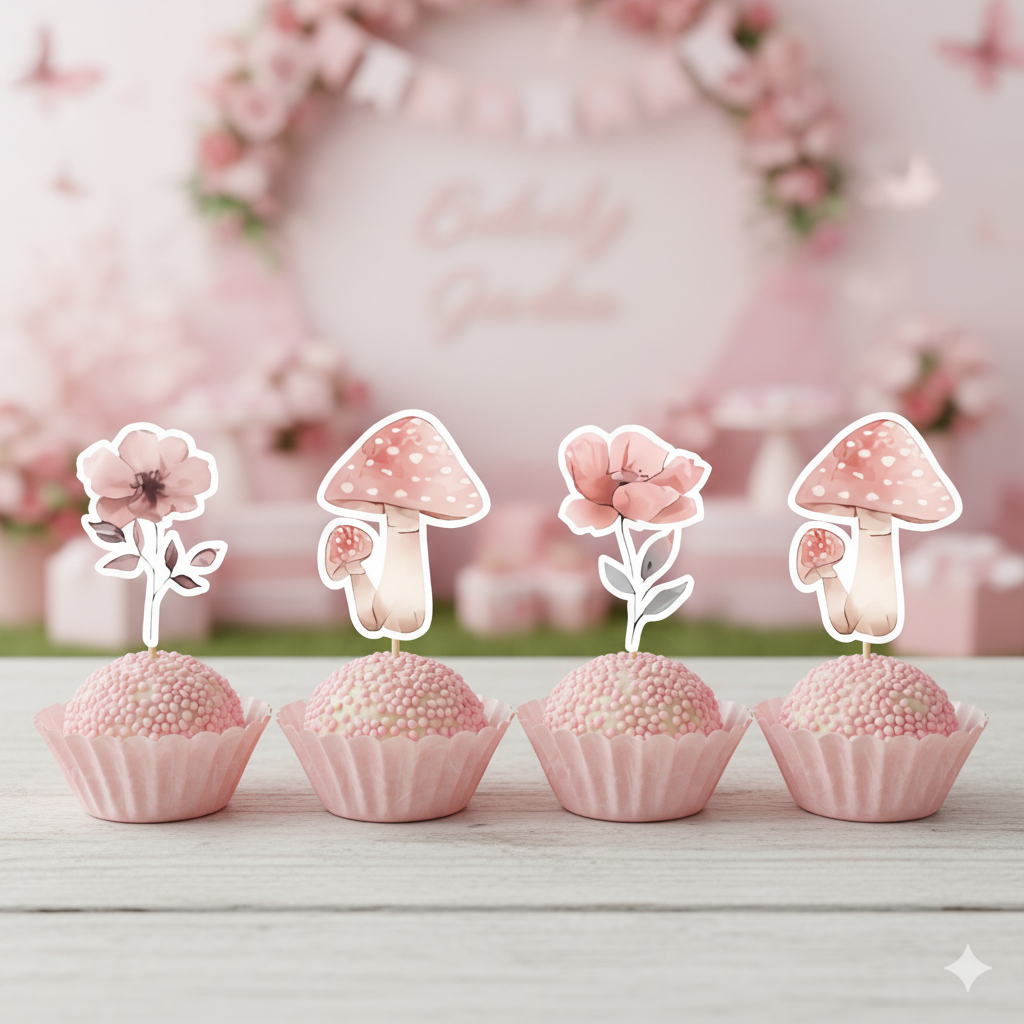 ENVIO IMEDIATO | Topper de Docinho Jardim Encantado Rosa | Flores e Cogumelos | Kit 30 ou 50 Unidades | Pronto para Uso em Oferta na Shopee