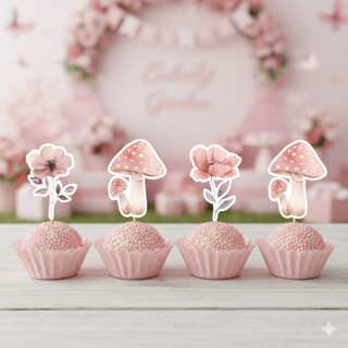 ENVIO IMEDIATO | Topper de Docinho Jardim Encantado Rosa | Flores e Cogumelos | Kit 30 ou 50 Unidades | Pronto para Uso em Oferta na Shopee