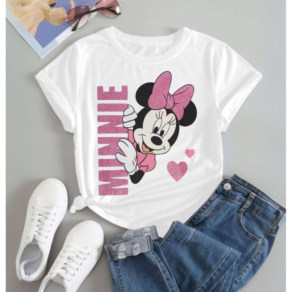 Camiseta BUSA FEMININA e infantil  Minnie mouse desenho animado coração oncinha
