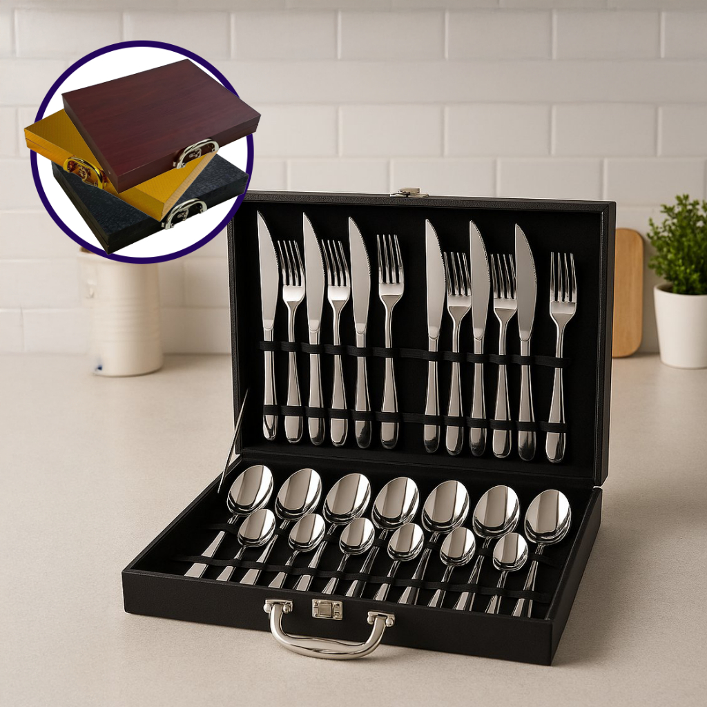 Jogo de Talheres 24 Peças Inox com Maleta Estojo Conjunto Kit Faqueiro Talher Prata Garfo Colher Faca Cozinha Mesa Posta