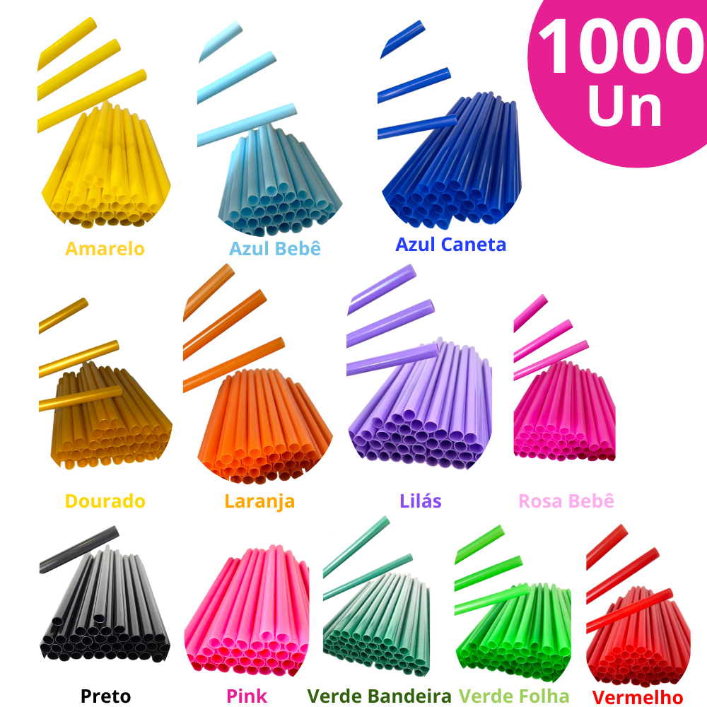 Canudo Plástico Descartável Biodegradável Kit 1000 Un Cores | Refrigerante Sucos Festas | 160mm x 8