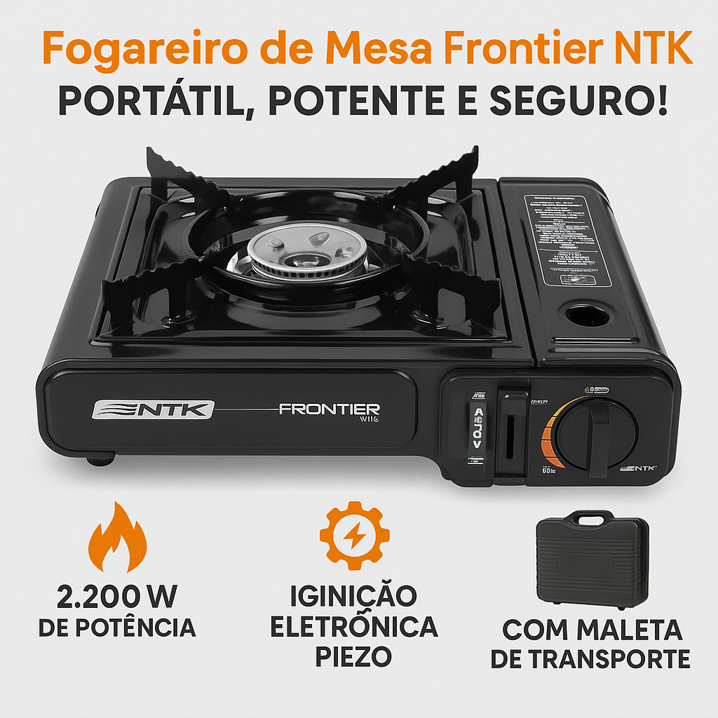 Fogareiro Portátil Mesa Frontier Preto Queimador Alta Pressão Churrasco Camping Viagem