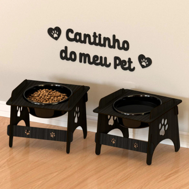 Comedouro Elevado Pet 2 Unidades + Quadra Decorativo Cantinho Do Meu Pet em Oferta na Shopee