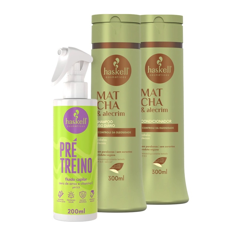 Pré-Treino Haskell 200ml e Matcha Alecrim Shampoo e Condicionador 300ml Haskell