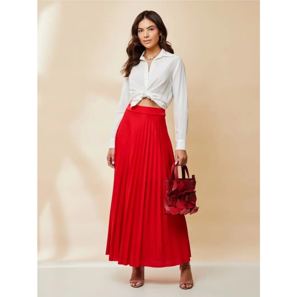 Saia Plissada Longo Moda Evangélica Com Forro Estilosa 2025 em Oferta na Shopee