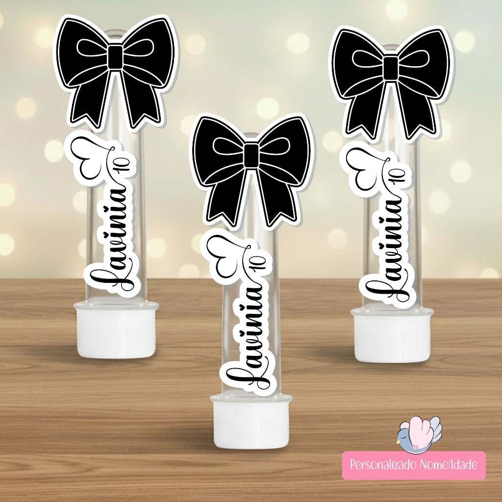 Apliques para Tubetes Personalizados com Nome - Laço Preto - Festa Preto e Branco