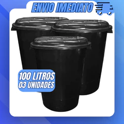 Kit 3 Unidades Cesto de Lixo Reforçado Lixeira Cestão 100 Litros Preto Interno e Externo - Inplast