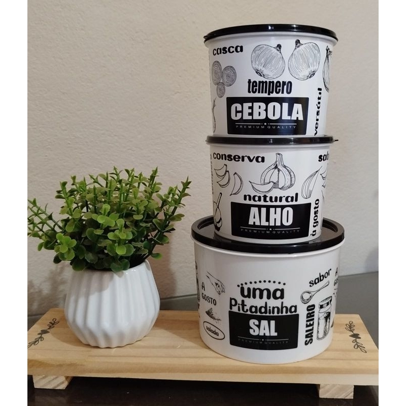 Kit 3 Potes para Tempero Sal, Alho e Cebola com tampa em Oferta na Shopee