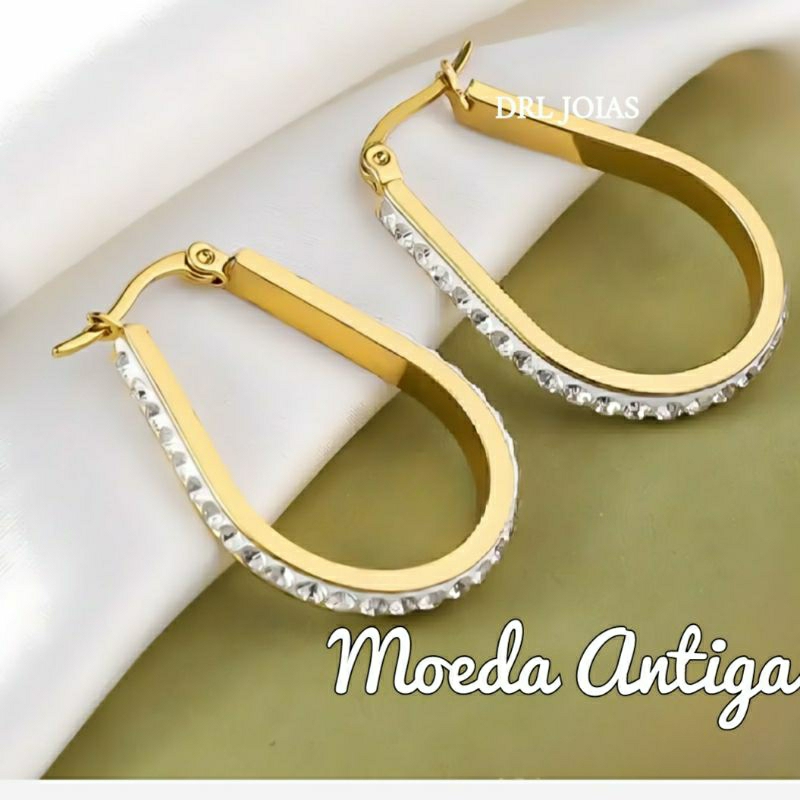 Brinco Moeda Antiga Gota Cravejada. em Oferta na Shopee