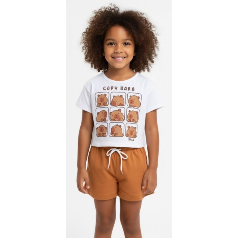 Conjunto Infantil Feminino Capivara 🤎 Blusa Cropped Estampada + Shorts Caramelo | Look Casual Verão Menina