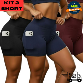 KIT 3 SHORT ACADEMIA FEMININO SUPLEX COM BOLSO Cintura Alta e Tecido Premium Zero Transparência em Oferta na Shopee