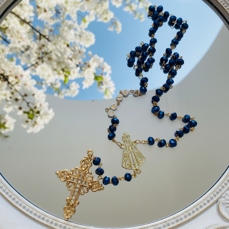 Terço personalizado com nome, nossa senhora aparecida, luxo, cristal, catolico, religioso, presente, aniversario