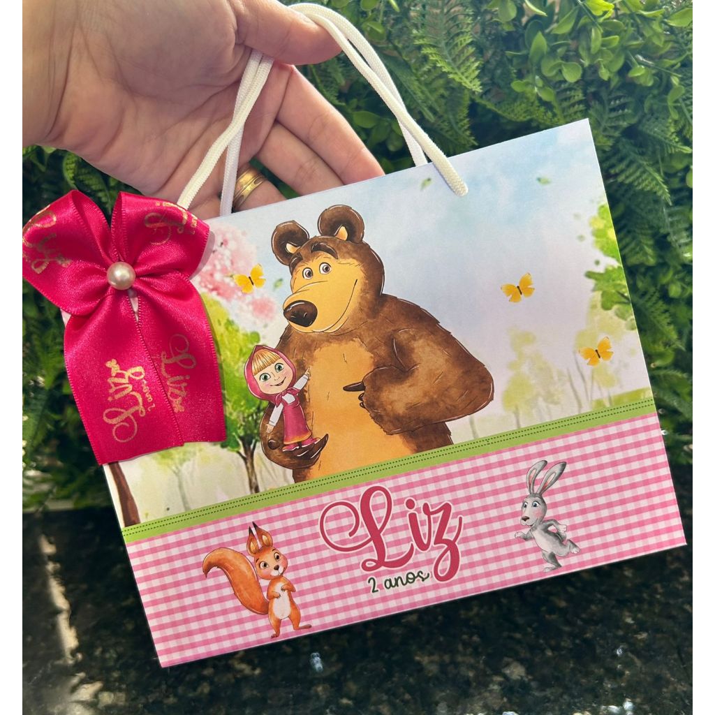 Sacolinha Surpresa Personalizada Masha e o Urso com Laço | Lembrancinhas | Festa Aniversário | Lancheirinha