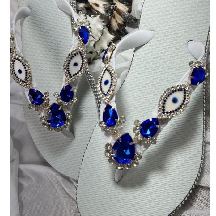 Chinelo Personalizado Bordado Customizado  Pedraria Olho Grego em Oferta na Shopee