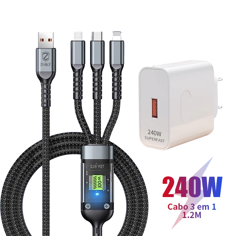 Cabo de Carregamento 3 em 1 100W Super Rápido – Anti-Quebra, Multidispositivo e Com Luz Noturna! em Oferta na Shopee