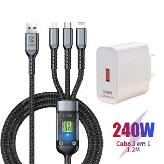 Cabo de Carregamento 3 em 1 100W Super Rápido – Anti-Quebra, Multidispositivo e Com Luz Noturna! em Oferta na Shopee
