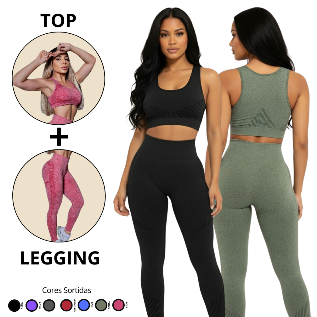 Conjunto Academia Feminino Completo Top e Legging Fitness Cintura Alta Modeladora Confortável e Estilosa Levanta Bumbum